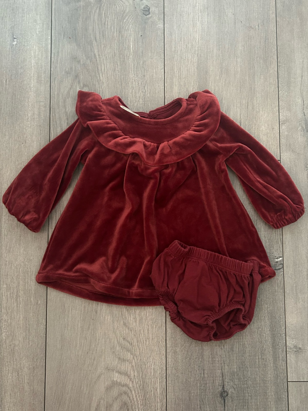 First Impressions Baby Girl Burgundy Velour Ruffled Holiday Dress Size- 3-6 mon.